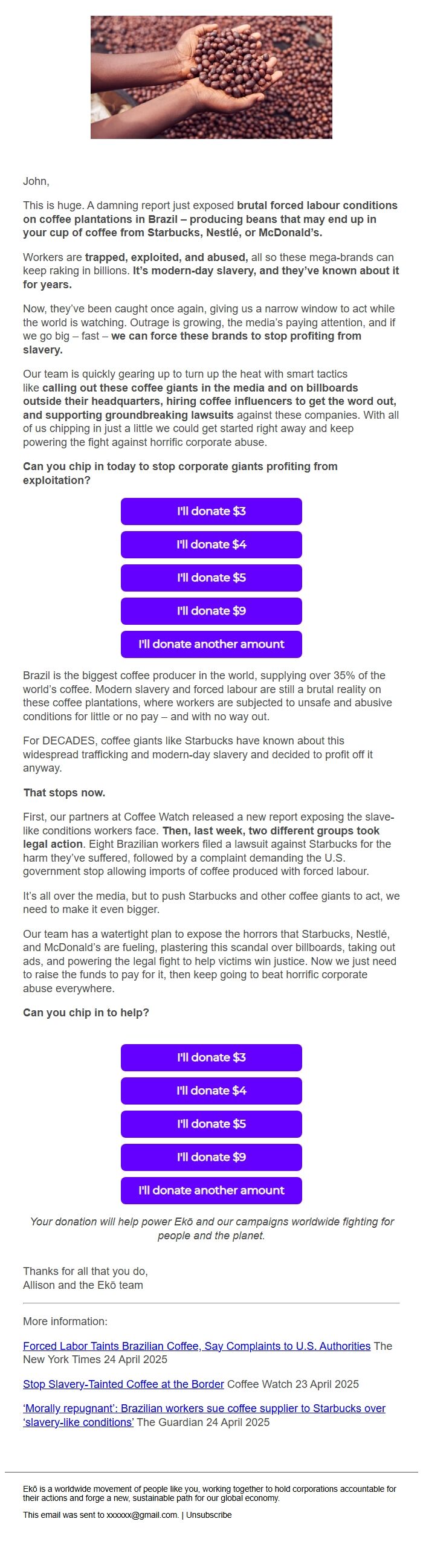 Screenshot of the email generated on import
