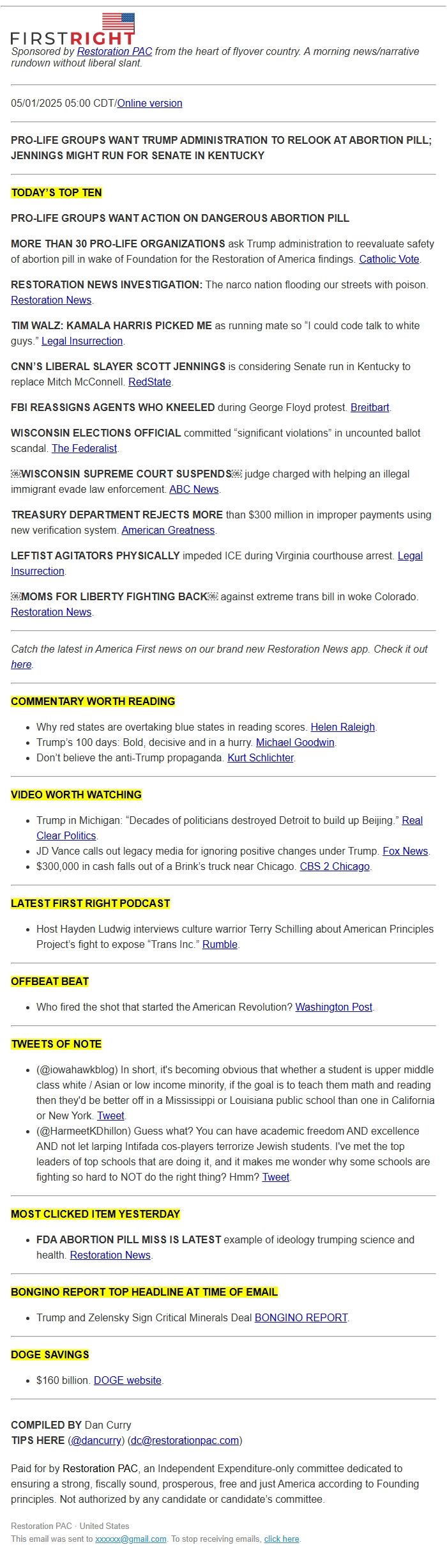 Screenshot of the email generated on import