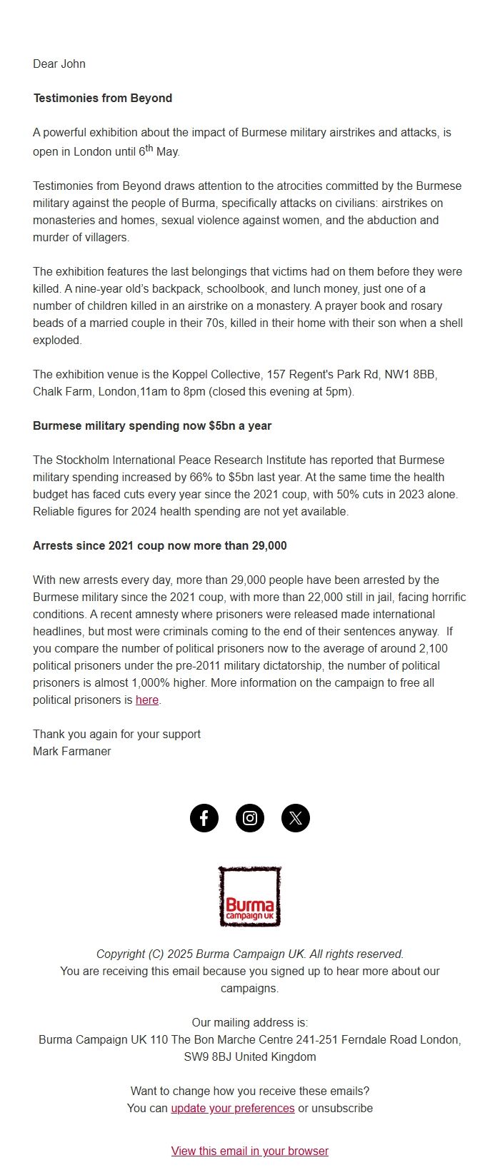 Screenshot of the email generated on import