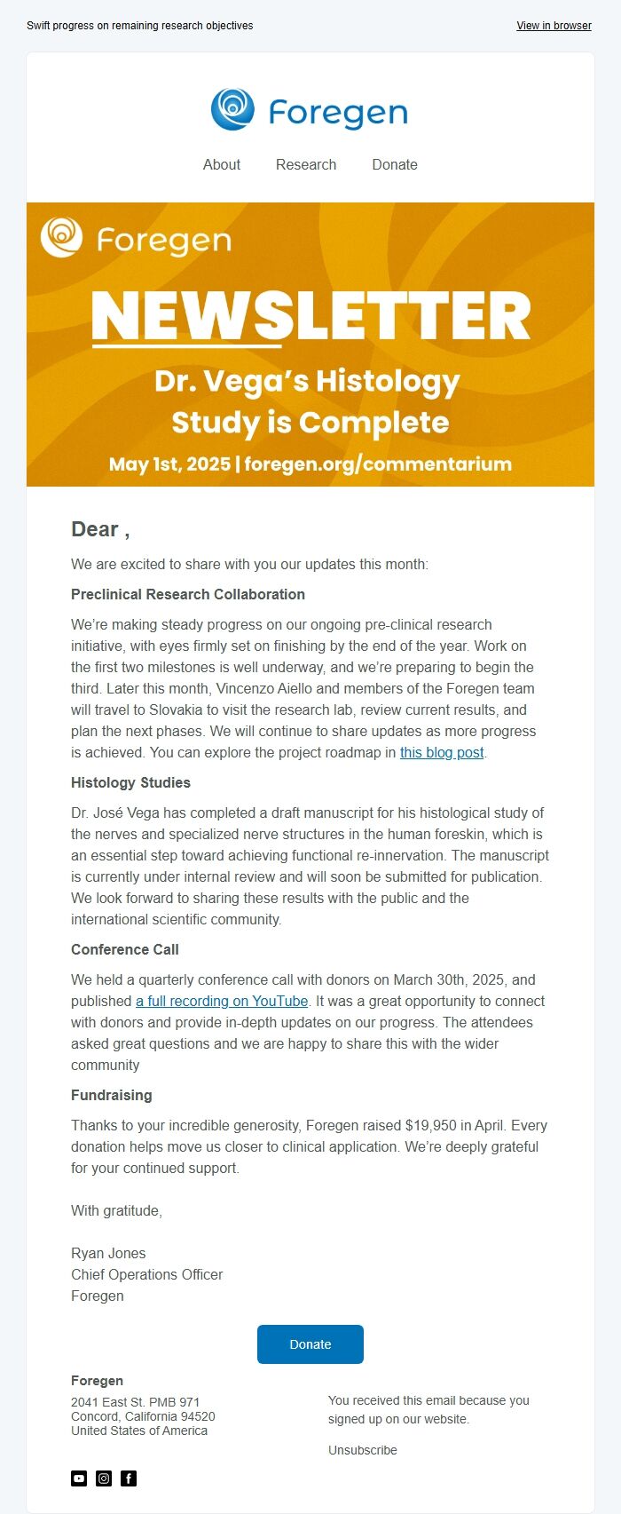 Screenshot of the email generated on import