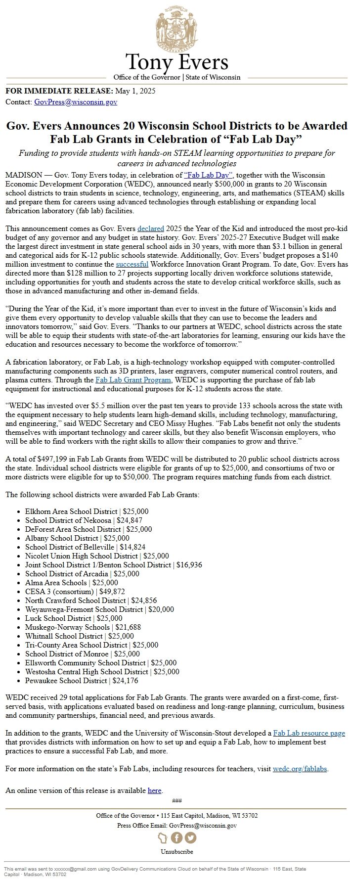 Screenshot of the email generated on import