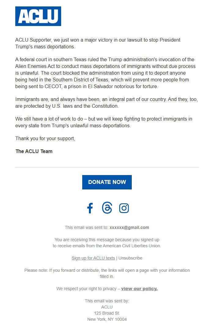 Screenshot of the email generated on import