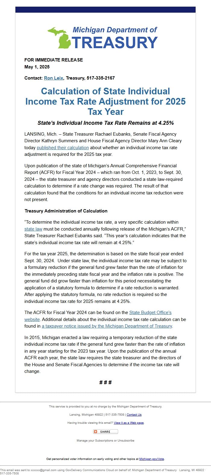 Screenshot of the email generated on import