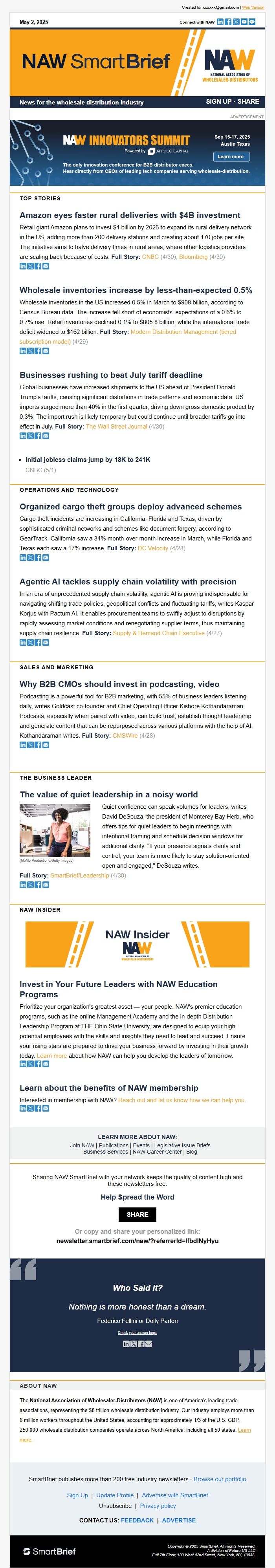 Screenshot of the email generated on import