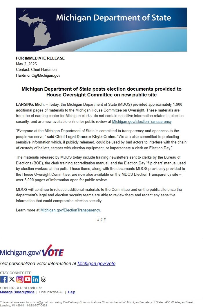 Screenshot of the email generated on import