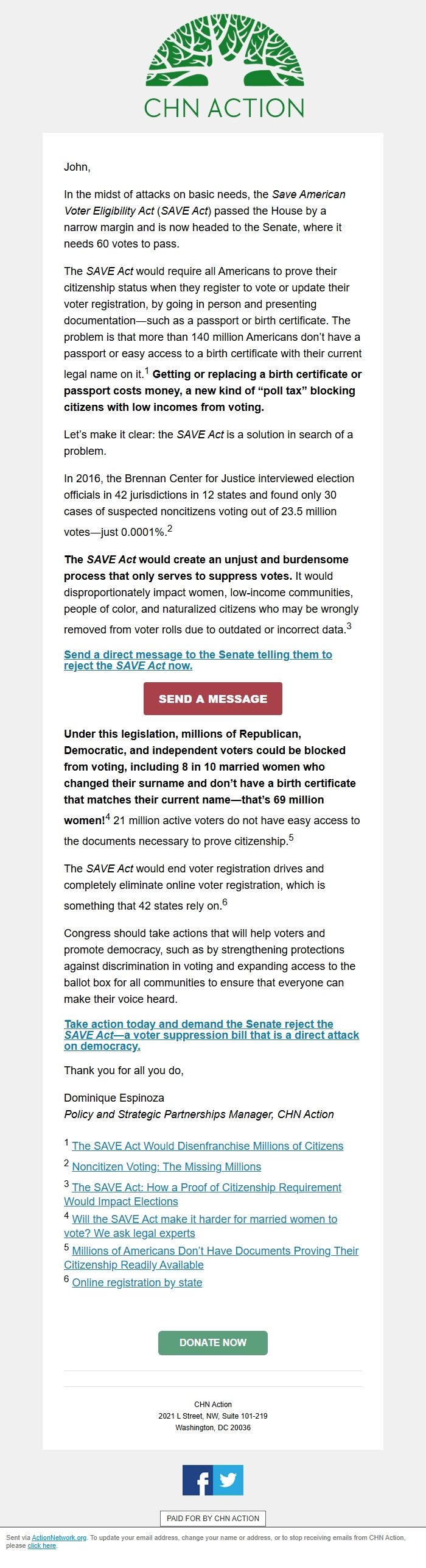 Screenshot of the email generated on import
