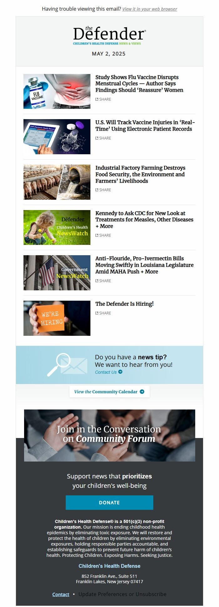 Screenshot of the email generated on import