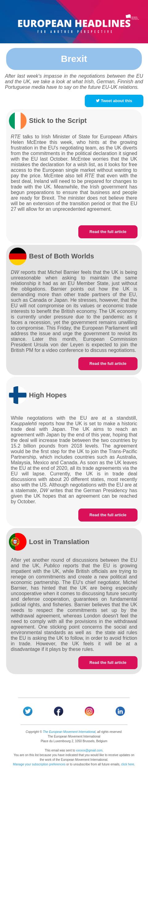 Screenshot of the email generated on import