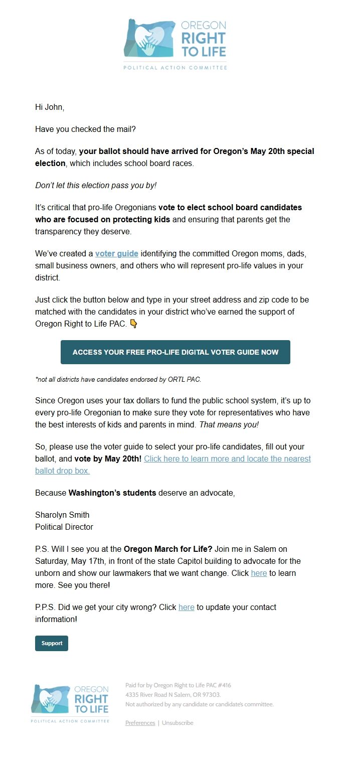 Screenshot of the email generated on import