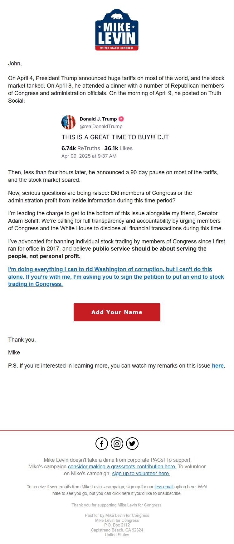 Screenshot of the email generated on import