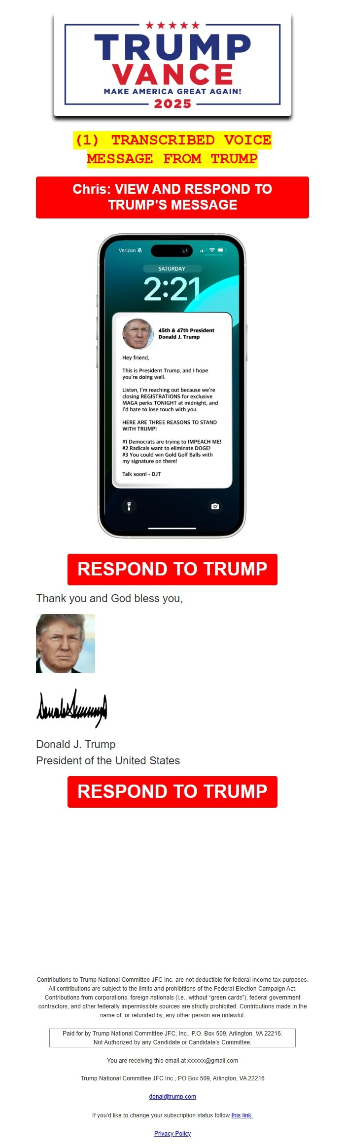 Screenshot of the email generated on import