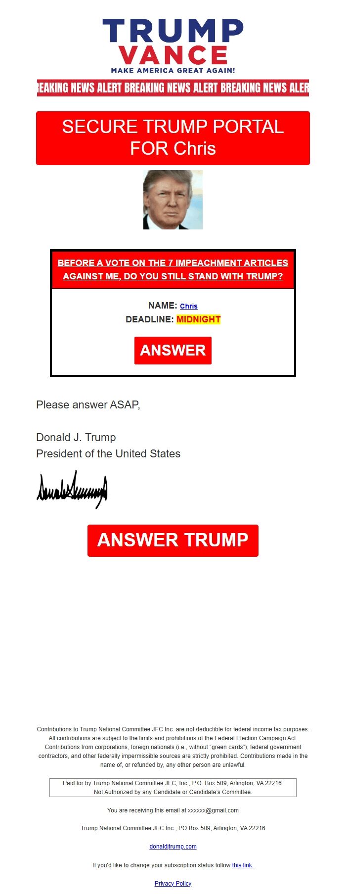 Screenshot of the email generated on import
