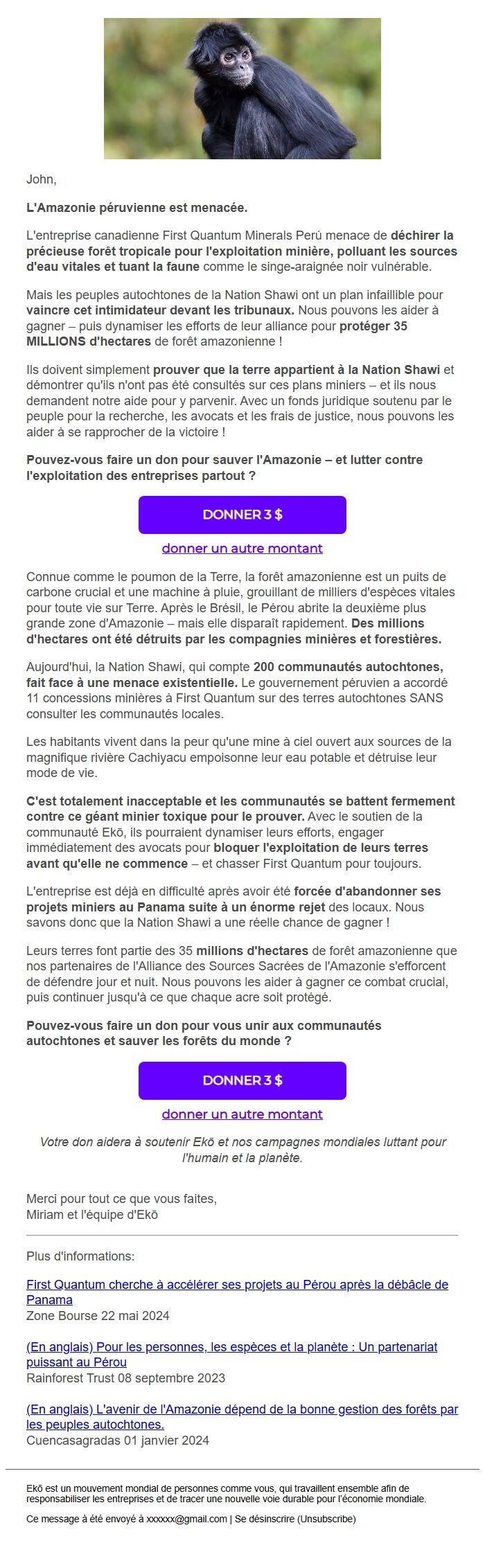 Screenshot of the email generated on import