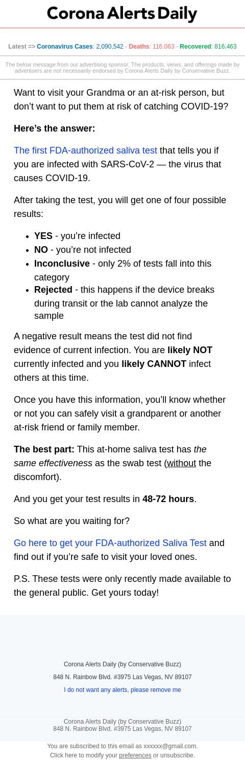 Screenshot of the email generated on import