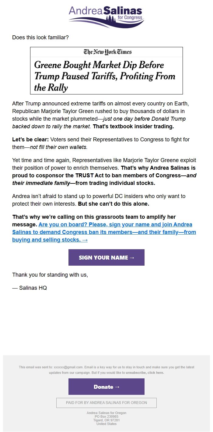 Screenshot of the email generated on import