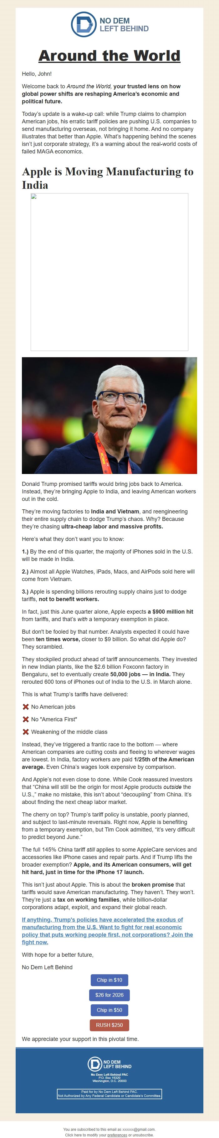 Screenshot of the email generated on import