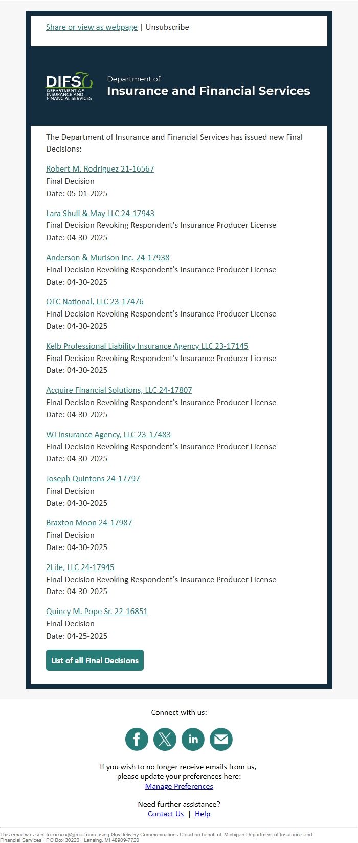 Screenshot of the email generated on import