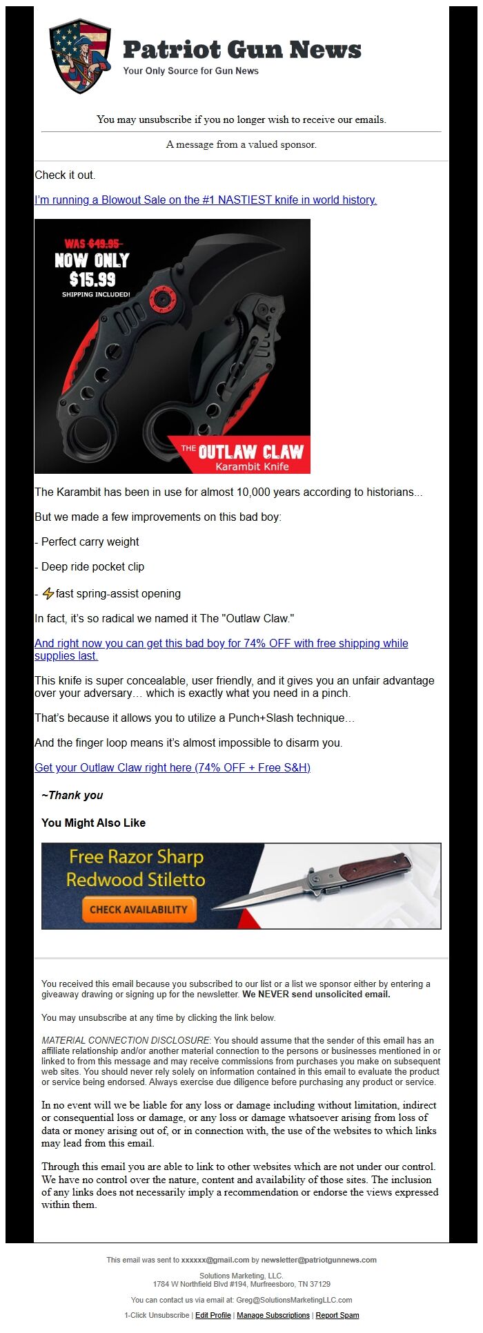 Screenshot of the email generated on import