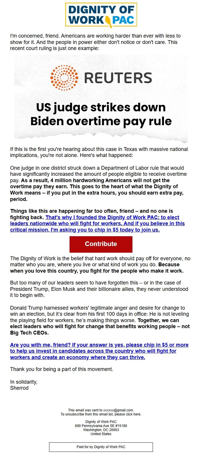 Screenshot of the email generated on import