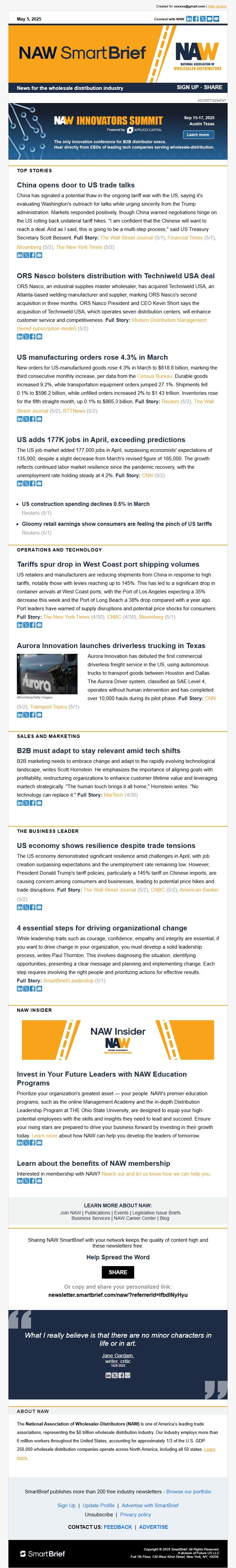 Screenshot of the email generated on import