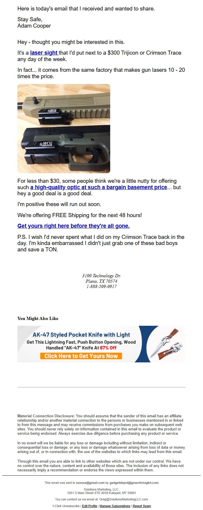 Screenshot of the email generated on import