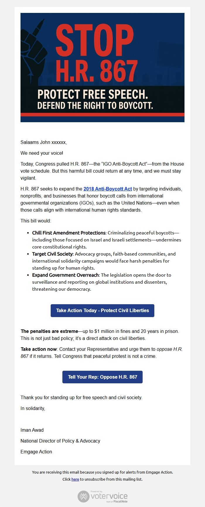 Screenshot of the email generated on import