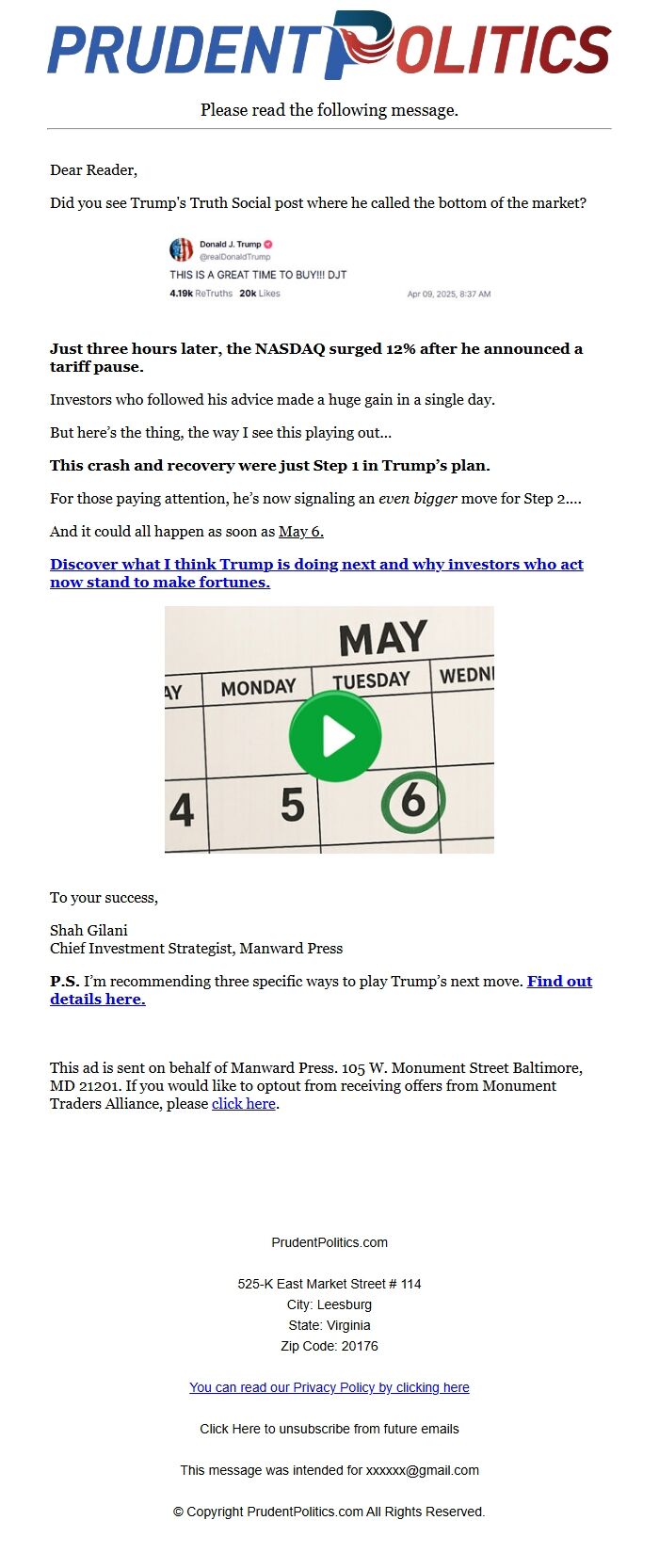 Screenshot of the email generated on import