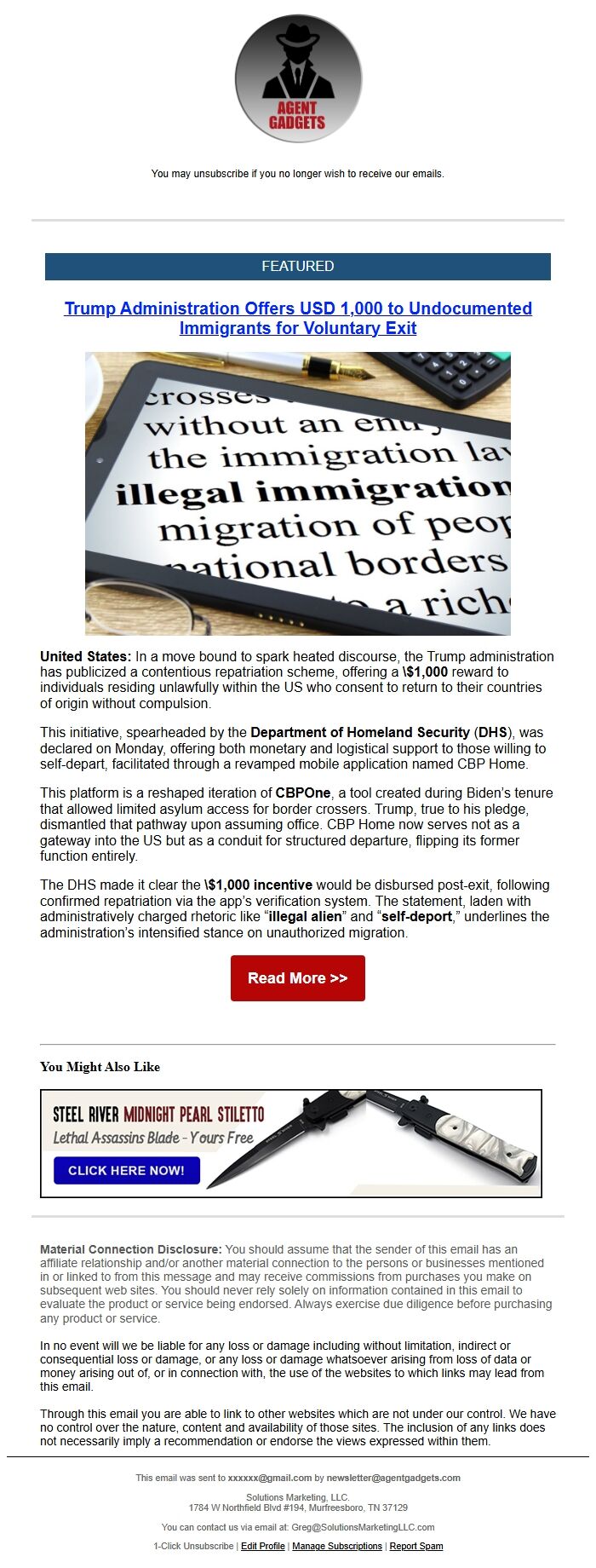 Screenshot of the email generated on import