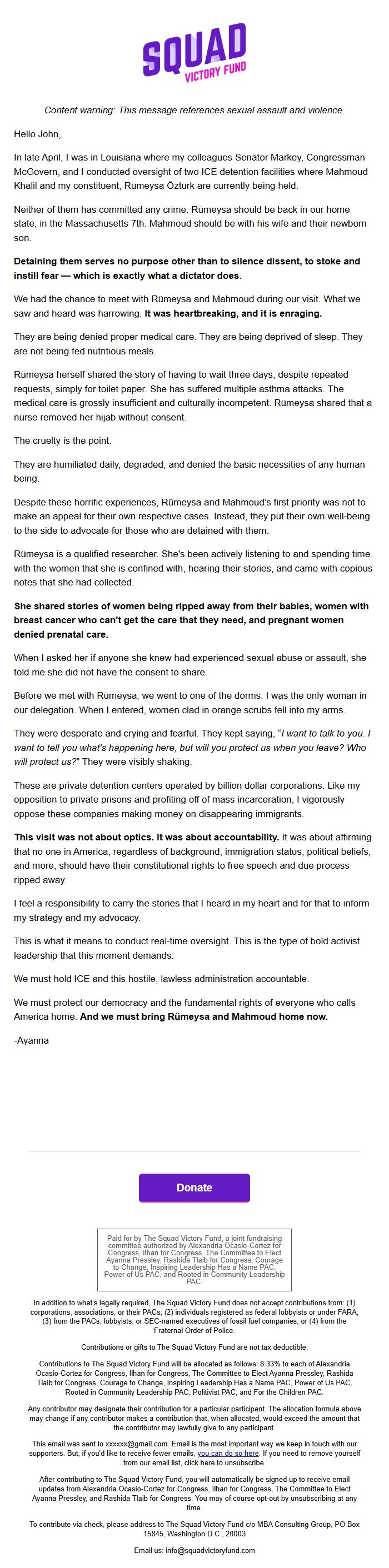 Screenshot of the email generated on import