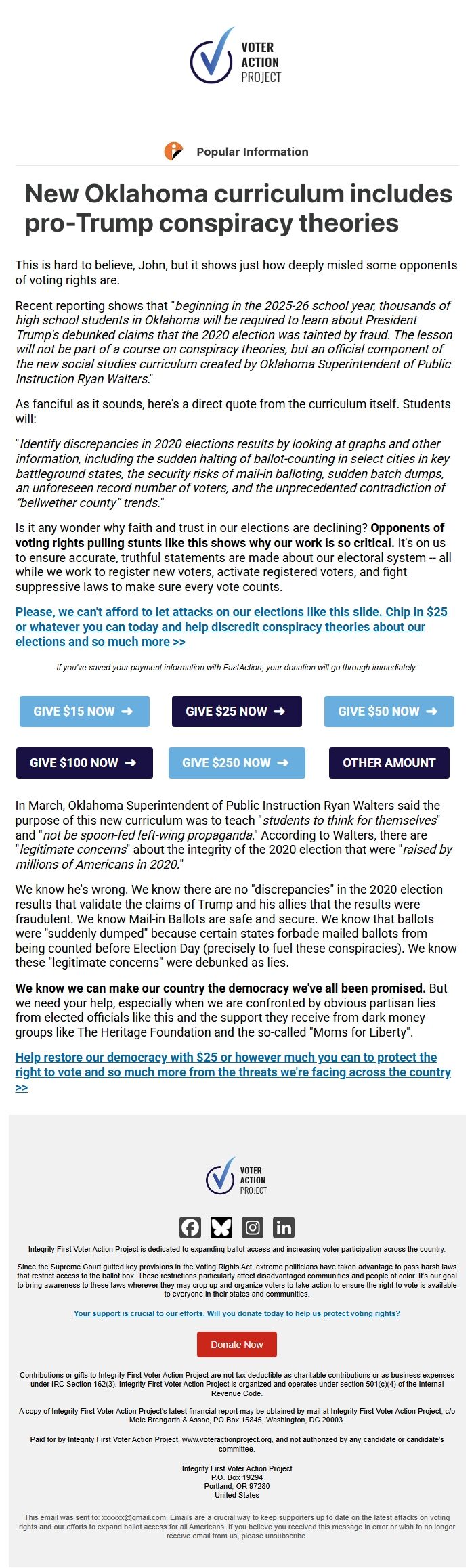 Screenshot of the email generated on import