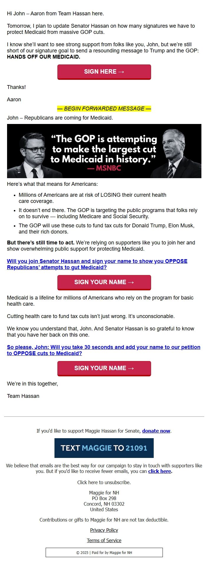 Screenshot of the email generated on import