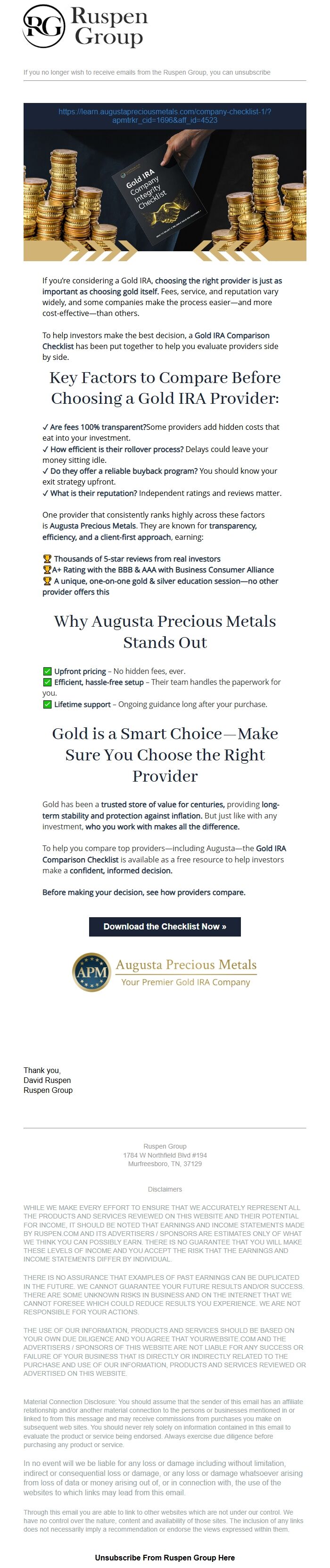 Screenshot of the email generated on import