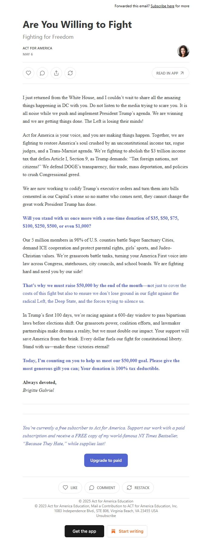 Screenshot of the email generated on import