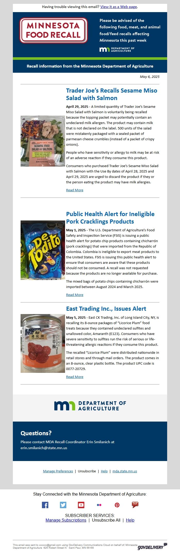Screenshot of the email generated on import