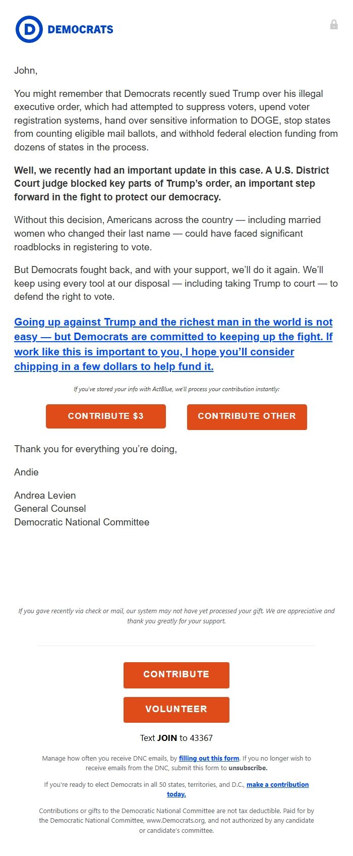 Screenshot of the email generated on import