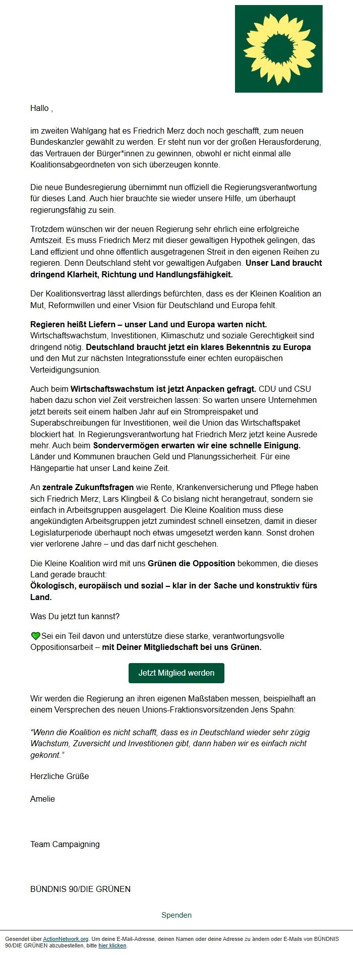 Screenshot of the email generated on import