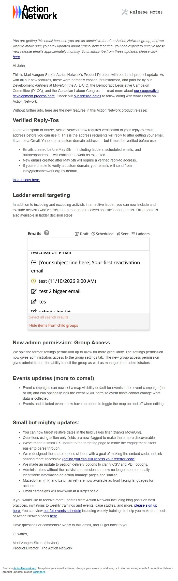 Screenshot of the email generated on import