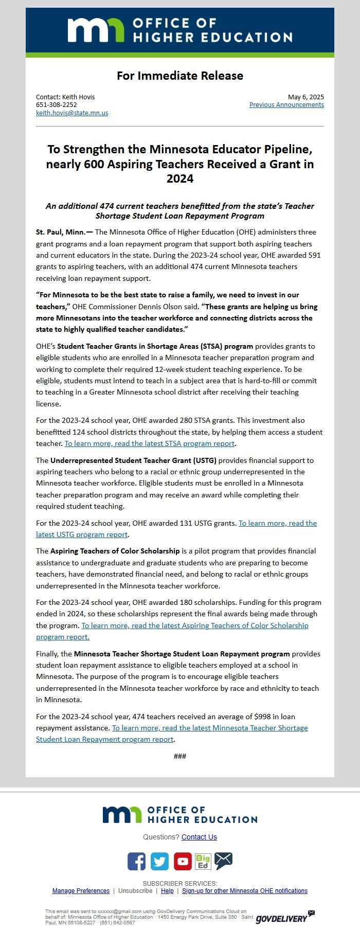Screenshot of the email generated on import