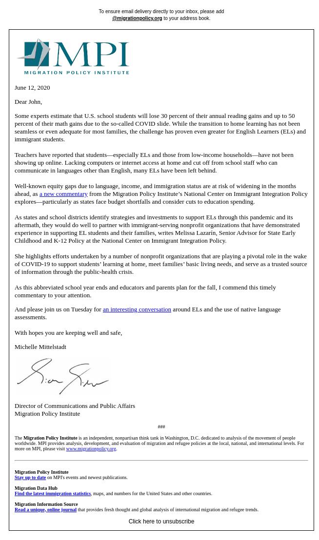 Screenshot of the email generated on import