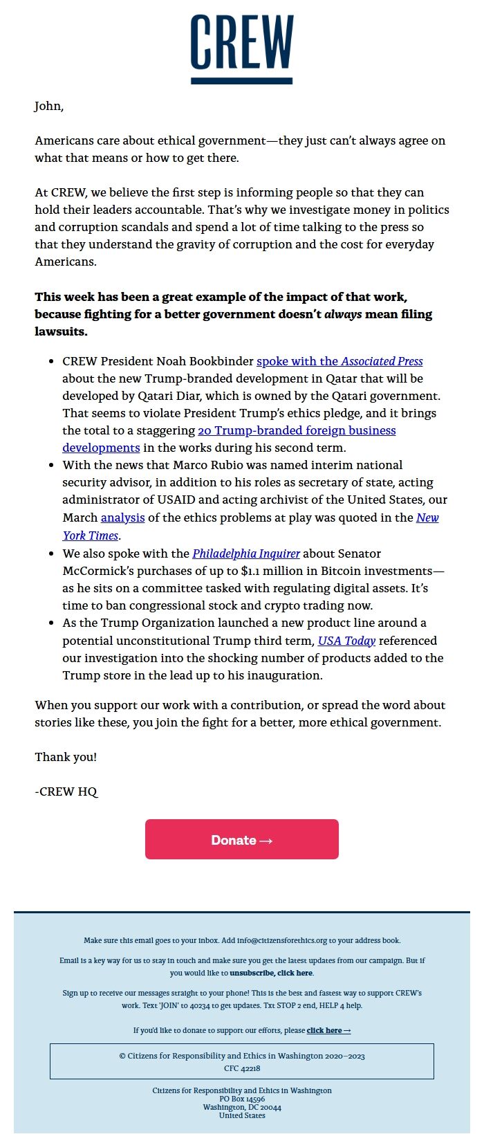Screenshot of the email generated on import