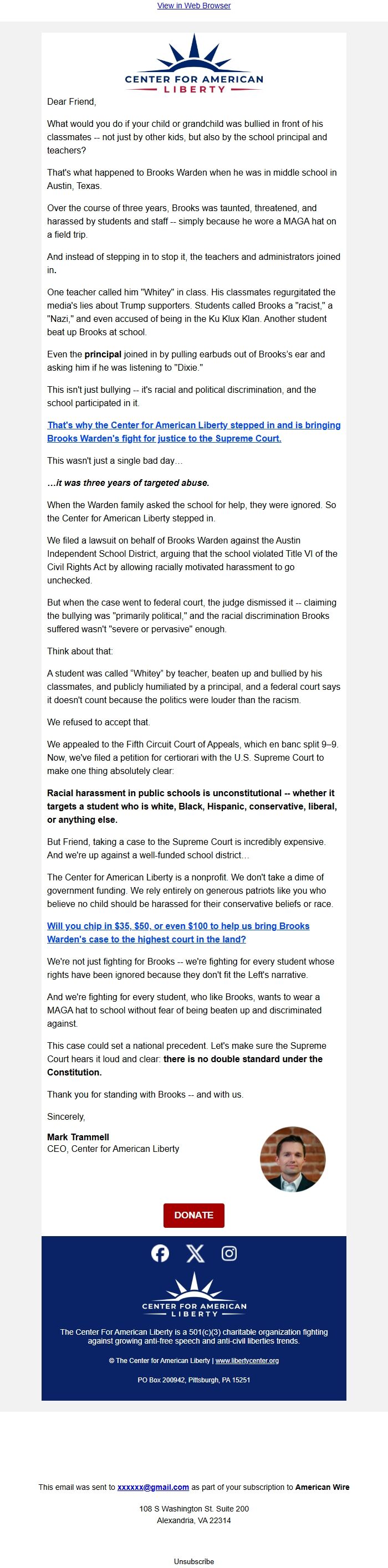 Screenshot of the email generated on import
