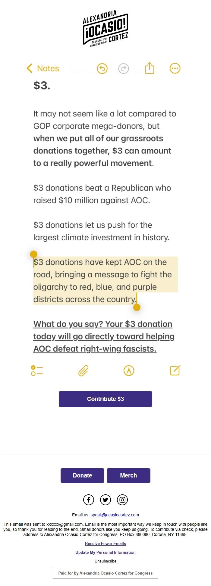 Screenshot of the email generated on import