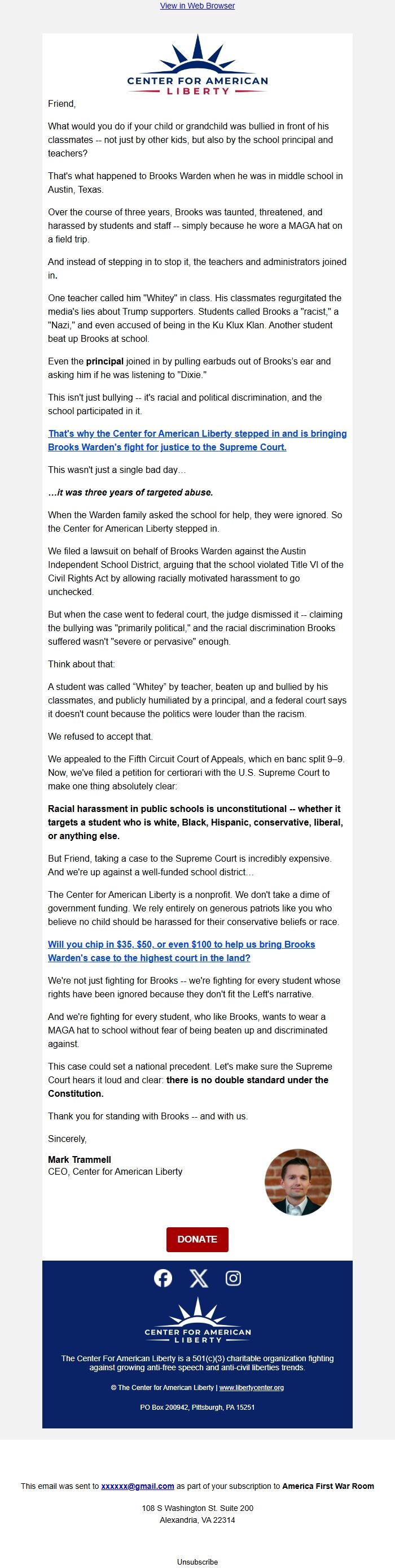 Screenshot of the email generated on import