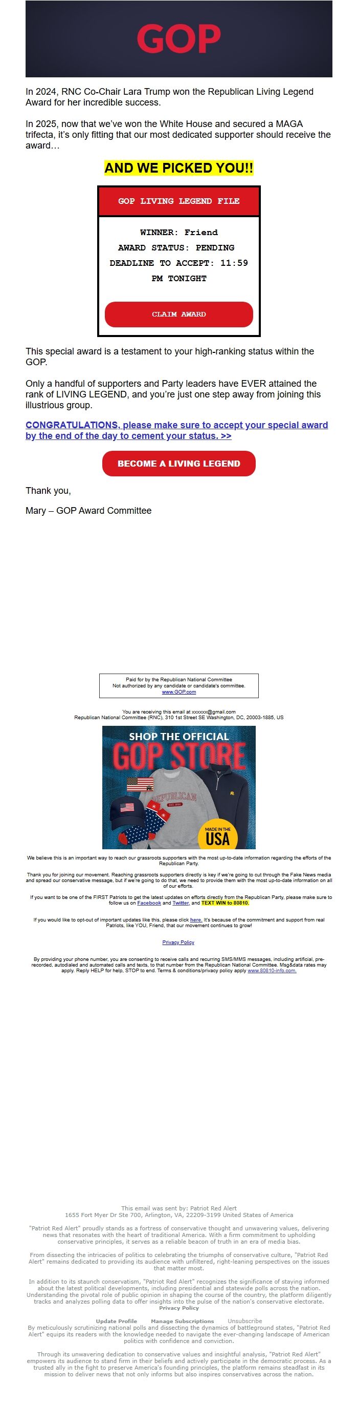 Screenshot of the email generated on import