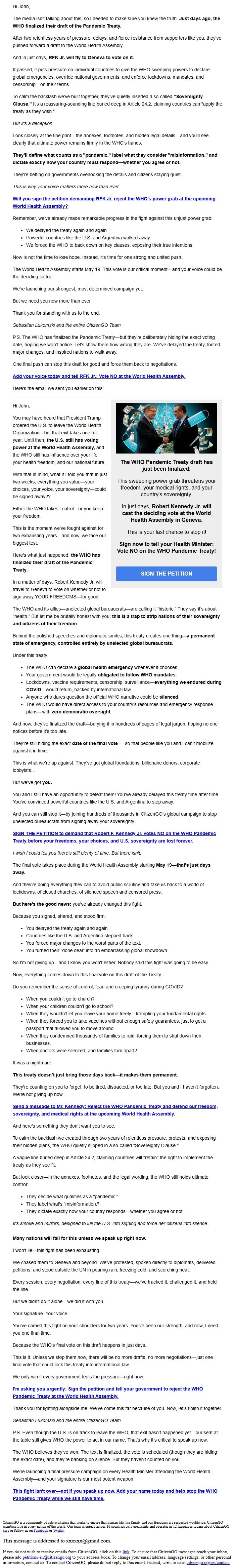 Screenshot of the email generated on import