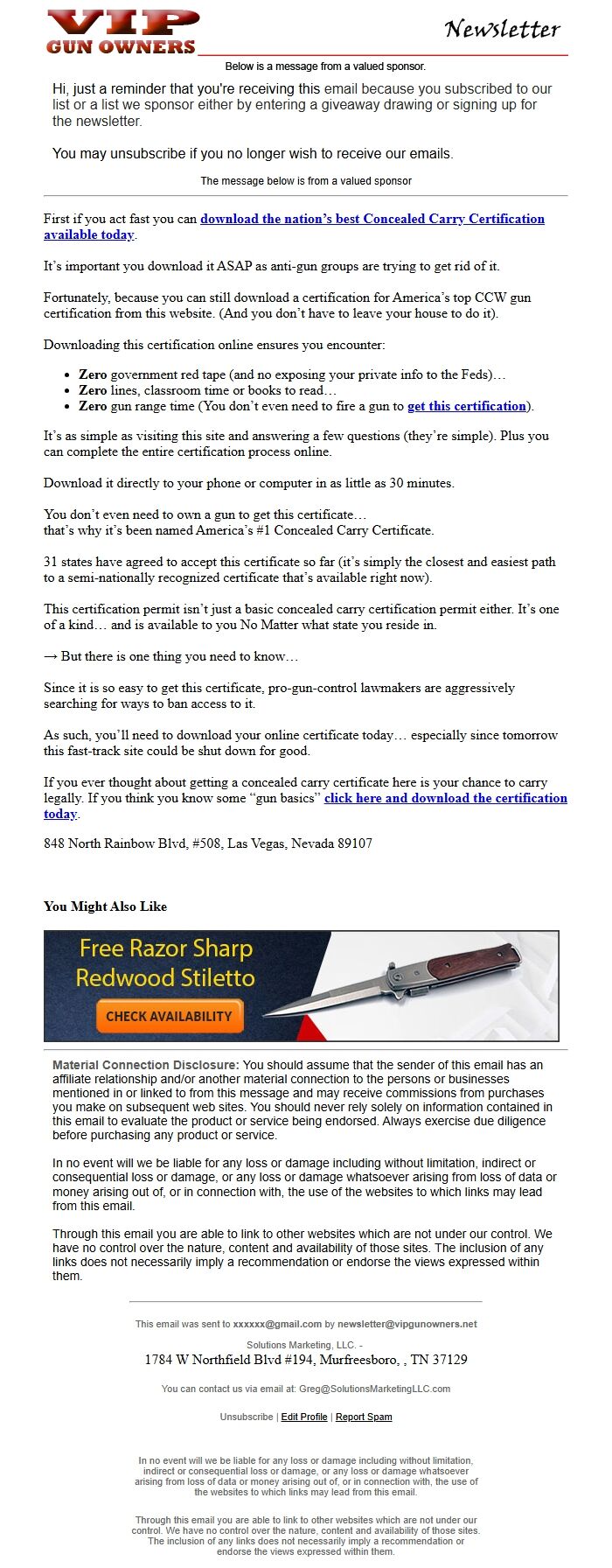 Screenshot of the email generated on import