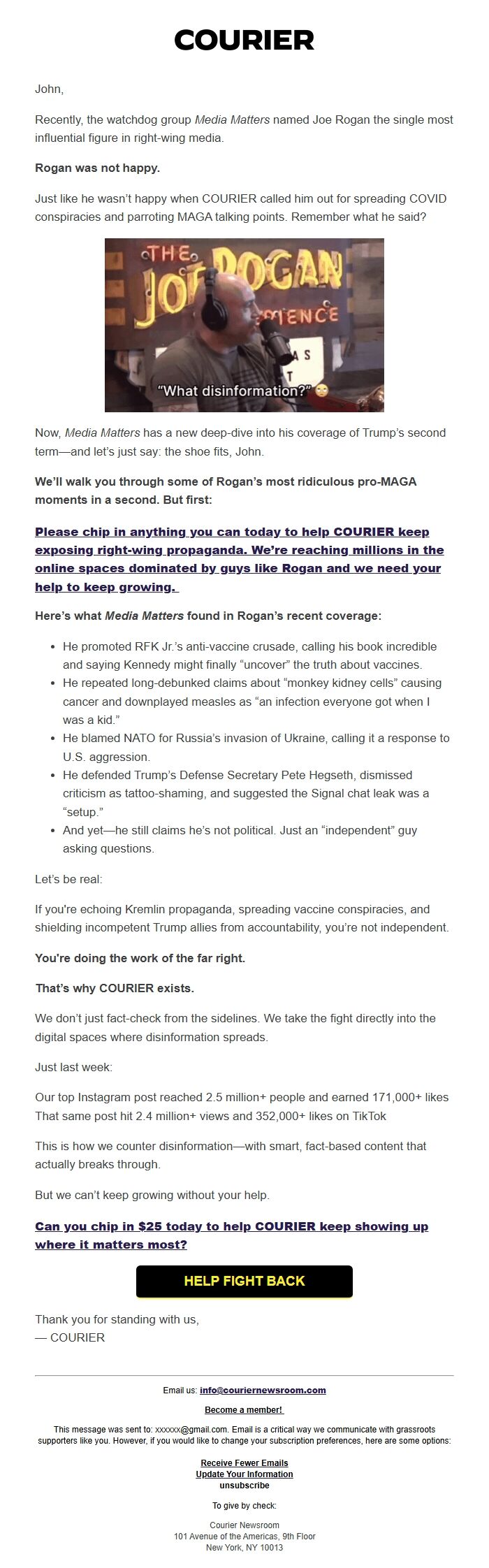 Screenshot of the email generated on import
