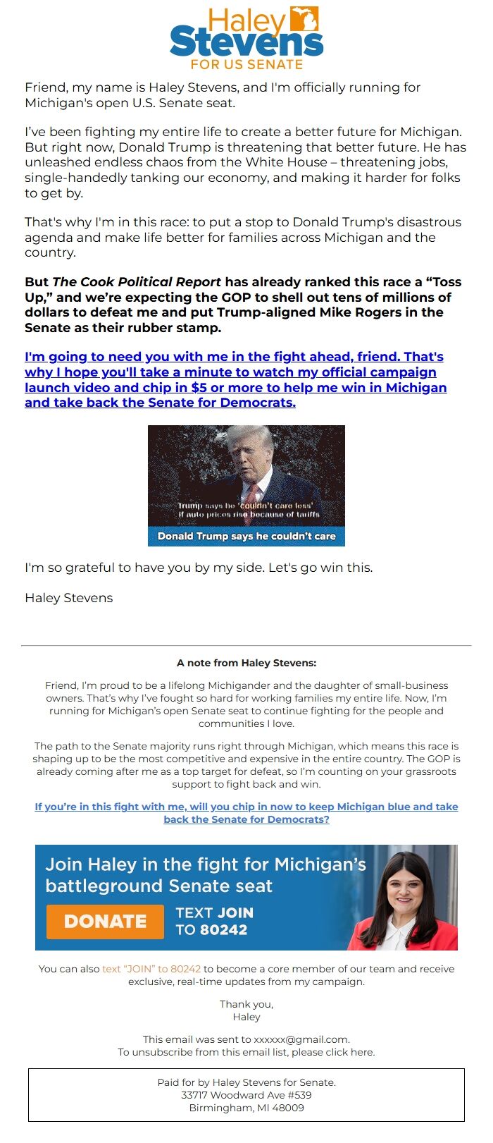Screenshot of the email generated on import