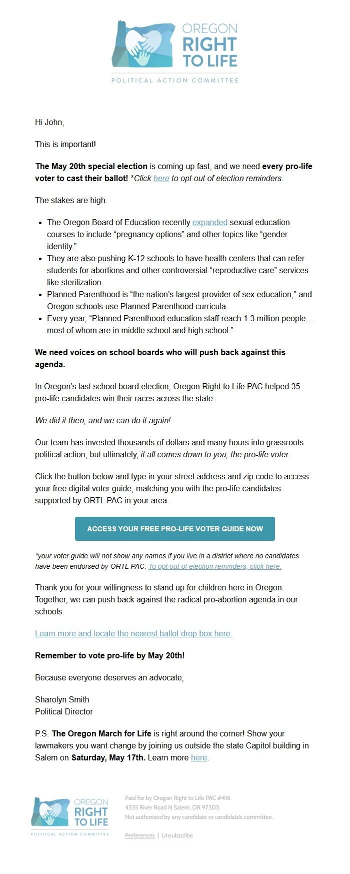 Screenshot of the email generated on import