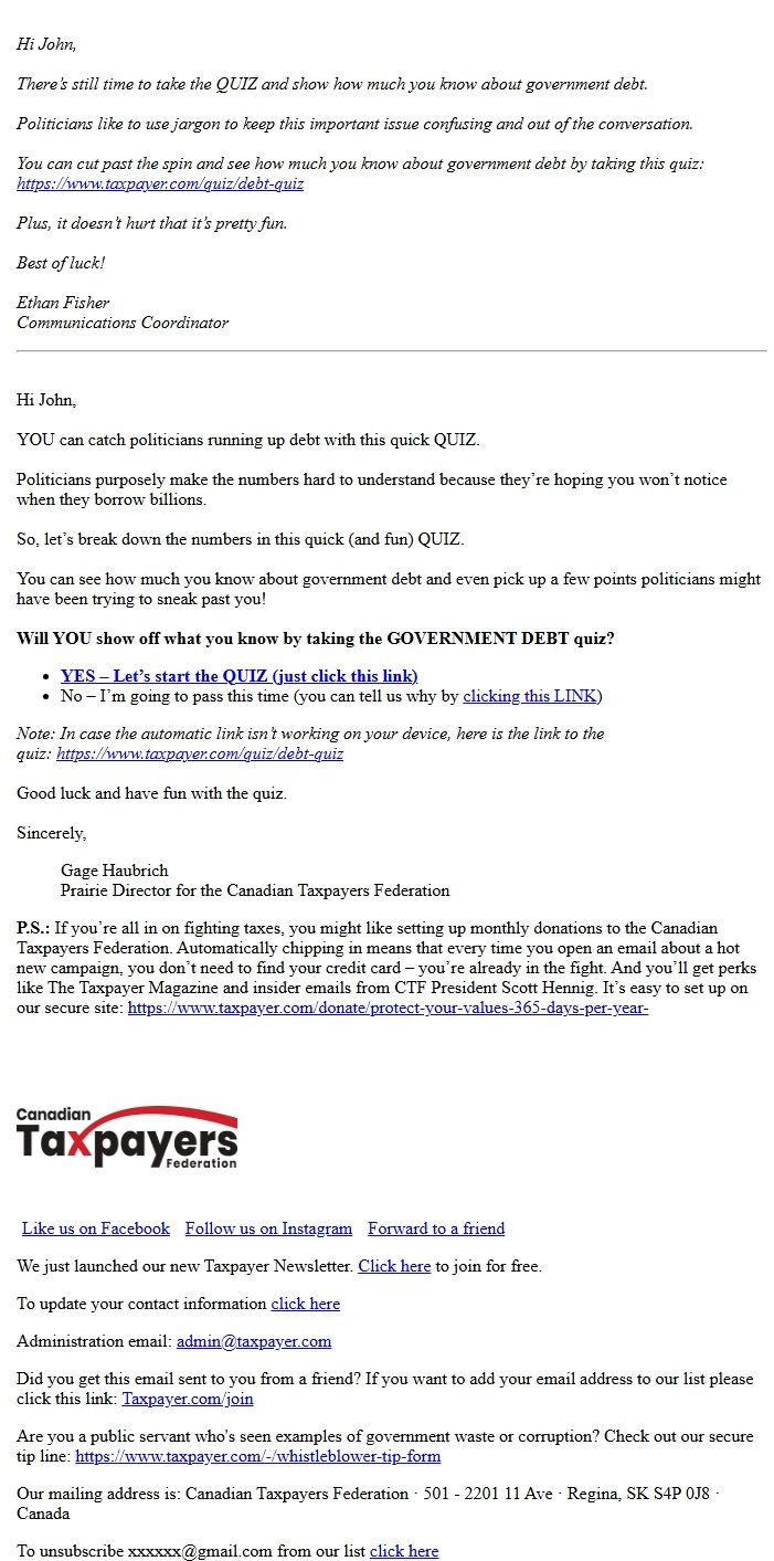 Screenshot of the email generated on import